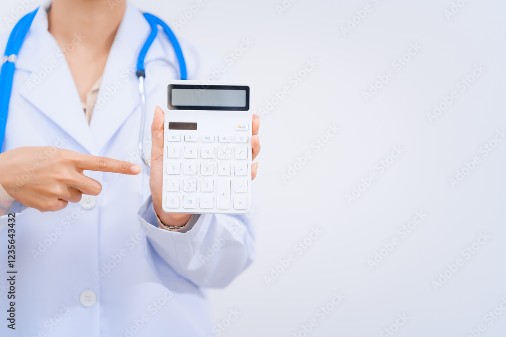 A young Asian nutritionist and doctor, smiling happily while wearing a stethoscope and white lab coat, holding a calculator to emphasize the cost and value of maintaining a balanced, healthy diet. A young Asian nutritionist and doctor, smiling happily while wearing a stethoscope and white lab coat, holding a calculator to emphasize the cost and value of maintaining a balanced, healthy diet.