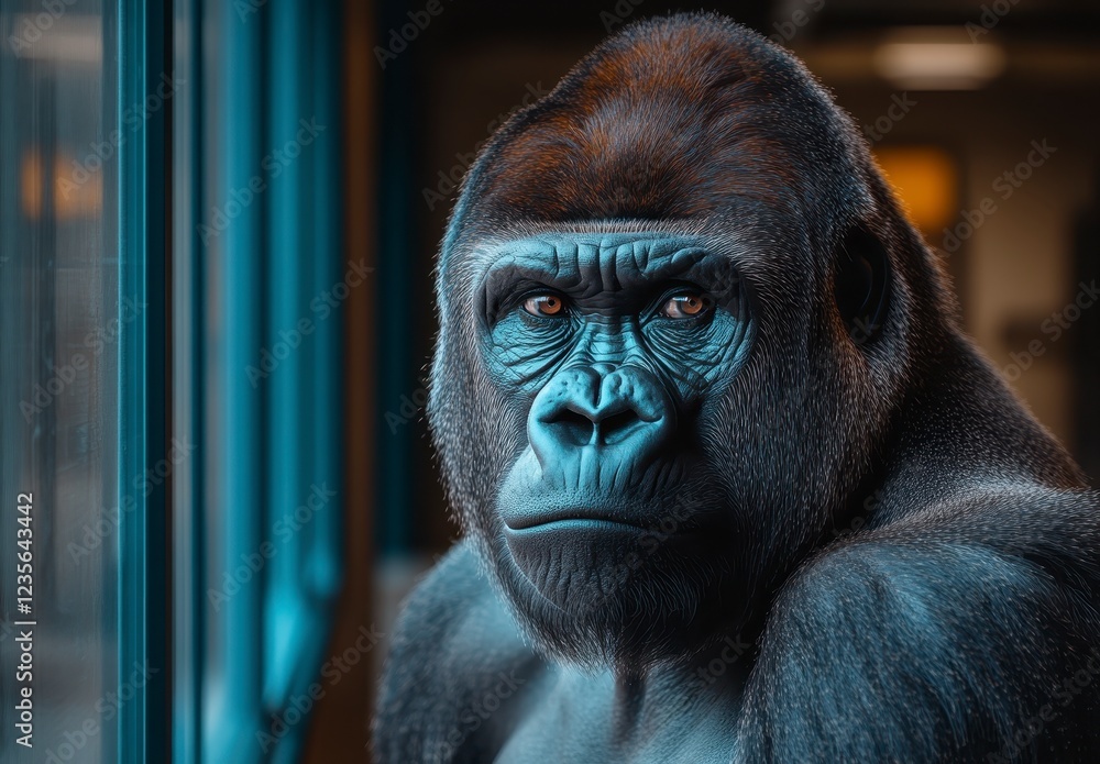 Obraz premium Close up portrait of a large male gorilla, subtly illuminated, showcasing its powerful features and intense gaze. The gorilla's dark fur is speckled