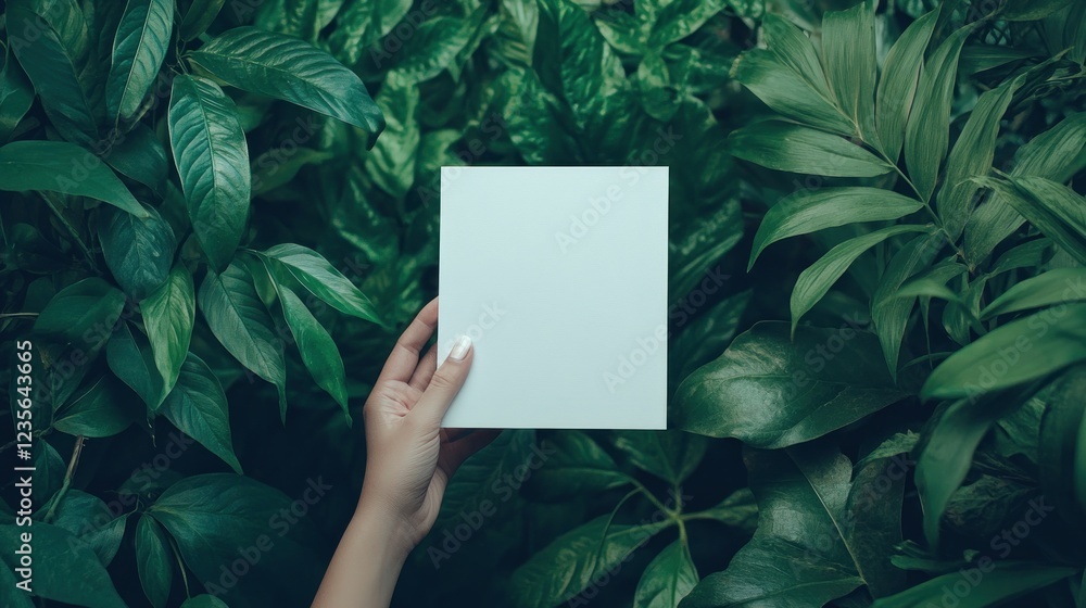 Woman's hand holding blank paper, tropical leaves background, mockup Woman's hand holding blank paper, tropical leaves background, mockup