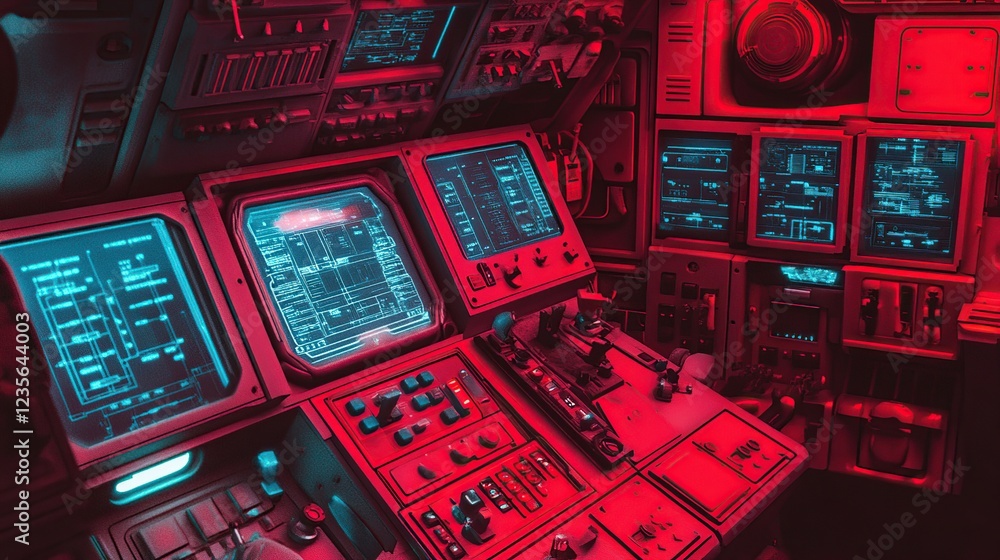 Fototapeta premium Red-lit control room; monitoring systems; futuristic setting; data analysis