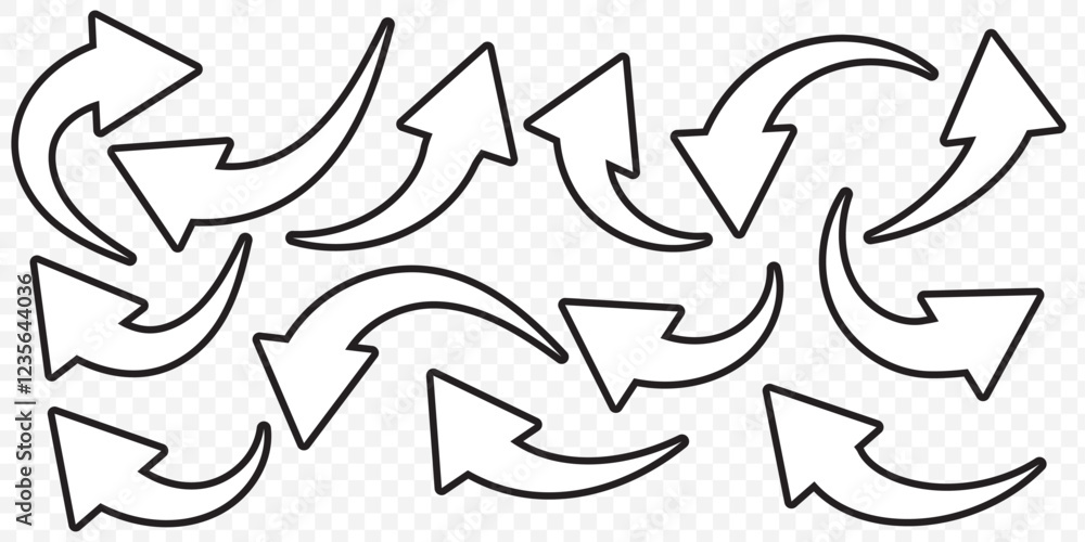 Black curved arrows icons set. Arrow sign in flat style. Wind movement image, process repeat symbol, rotation. Vector illustration. Eps 10. Black curved arrows icons set. Arrow sign in flat style. Wind movement image, process repeat symbol, rotation. Vector illustration. Eps 10.