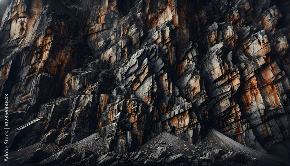 Background texture A heavily eroded rock face with dark gray and orange tones, featuring uneven striations, jagged frac3 Background texture A heavily eroded rock face with dark gray and orange tones, featuring uneven striations, jagged frac3
