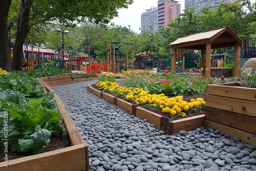 Vibrant community garden in urban playground setting. photo