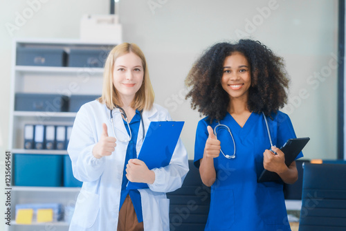 Young African American and Russian woman, both scientists, collaborate to analyze blood samples, viruses, vaccines using microscopes. They conduct crucial medical and biological research. photo