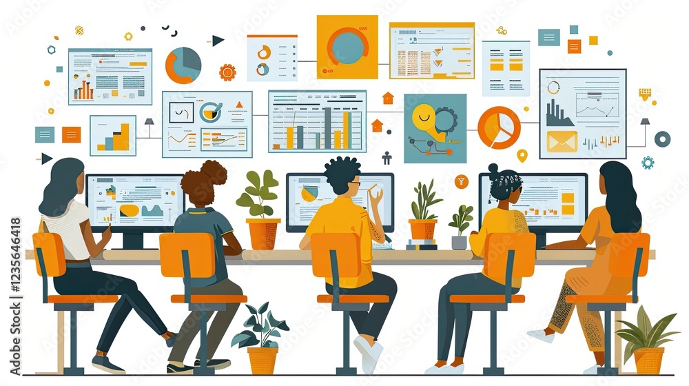 flat design, illustration, The Virtual Campus Students navigate online learning. Illustration: Virtual classrooms, interactive dashboards flat design, illustration, The Virtual Campus Students navigate online learning. Illustration: Virtual classrooms, interactive dashboards