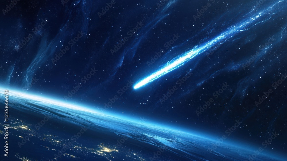 Fototapeta premium A comet streaks through space above Earth, showcasing the beauty of the cosmos.
