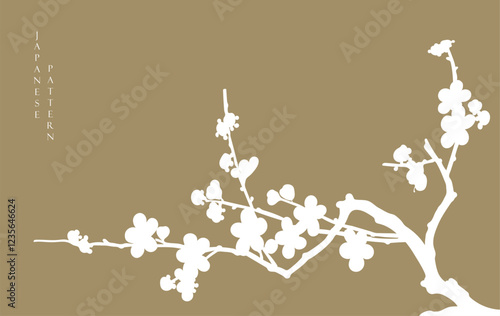 Gold and white bonsai tree or pine tree elements. Japanese background with Asian traditional icon vector. Natural art with brown background in vintage style.