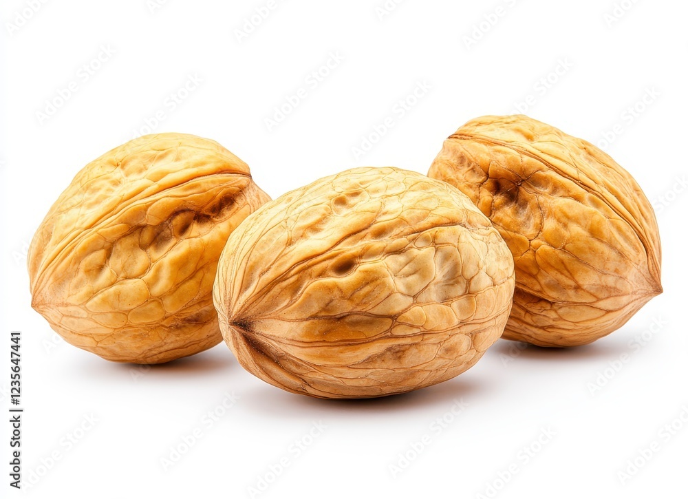 Three walnuts on a white background. Close up studio shot of whole walnuts, showcasing their texture and natural light brown color Three walnuts on a white background. Close up studio shot of whole walnuts, showcasing their texture and natural light brown color
