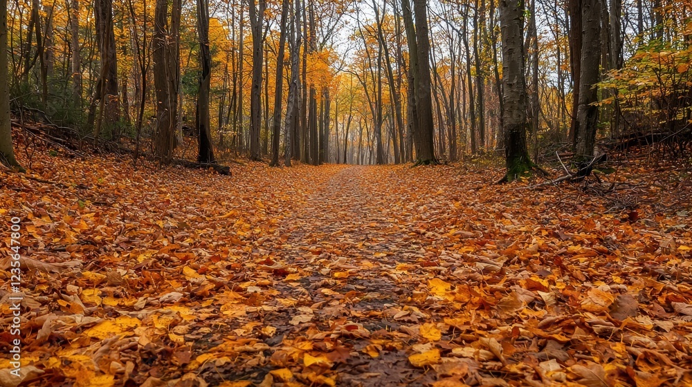 Obraz premium Serene Autumn Pathway Through Colorful Forest with Fallen Leaves