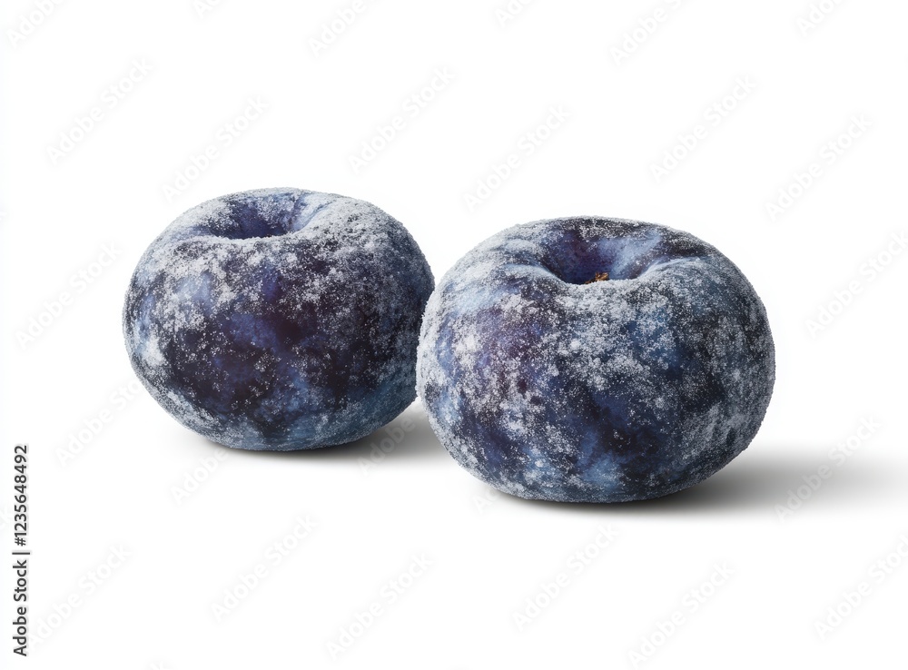 Fototapeta premium Two dark blue plums, dusted with a light layer of sugar or frost, are photographed against a bright white background. The plums are round and plump