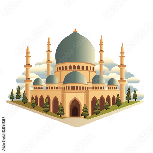 A big mosque with green grass and some trees