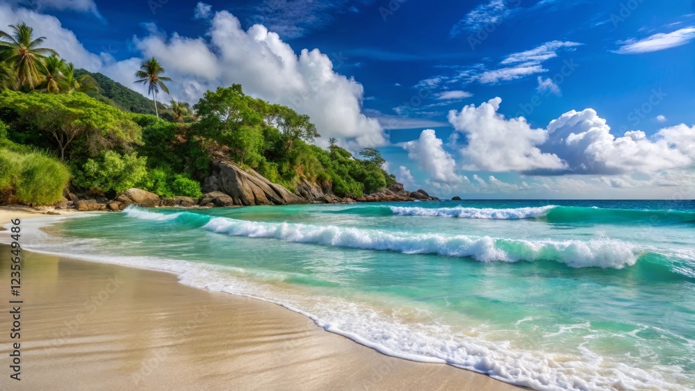 Fototapeta premium Serene Coastal Paradise Turquoise Waters Crashing Gently on a Pristine Sandy Beach, Backdropped by Lush Tropical Vegetation and a Dramatic Sky