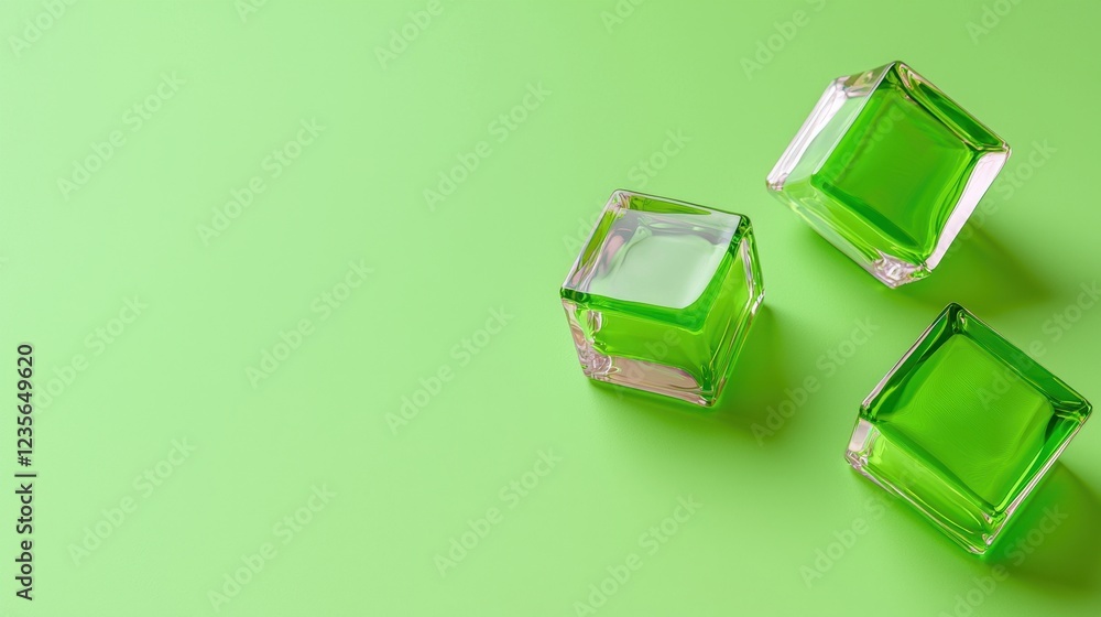 Obraz premium Three Green Glass Cubes on Lime Green Background Minimalist Product