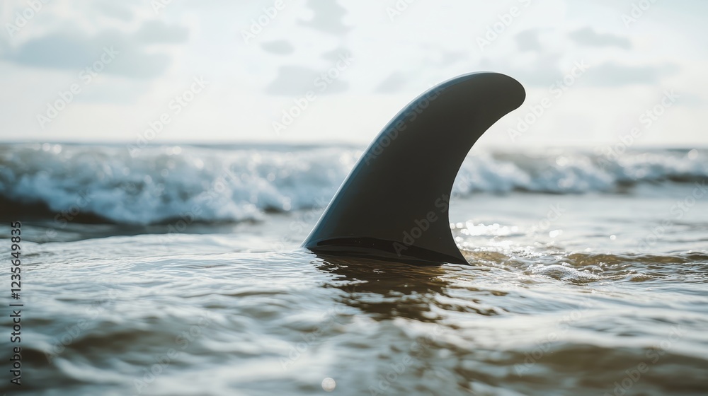 Fototapeta premium Shark Fin Emerging from Crystal Clear Ocean Water at Sunrise