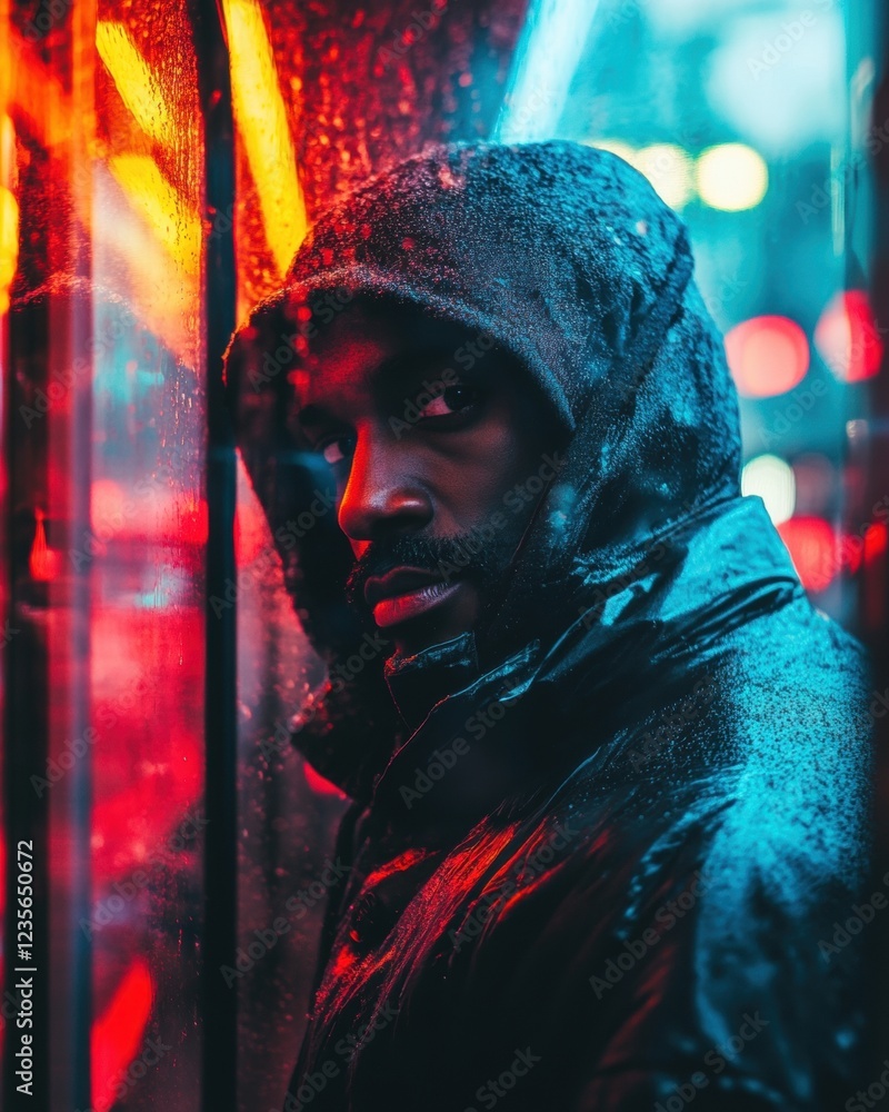 Person in raincoat under neon lights. Person in raincoat under neon lights.