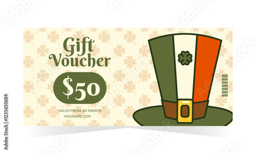 Happy Saint Patricks day gift voucher card, retro coupon design, certificate, ticket template, discount, sale banner. Vector illustration for lifestyle, shopping, fashion