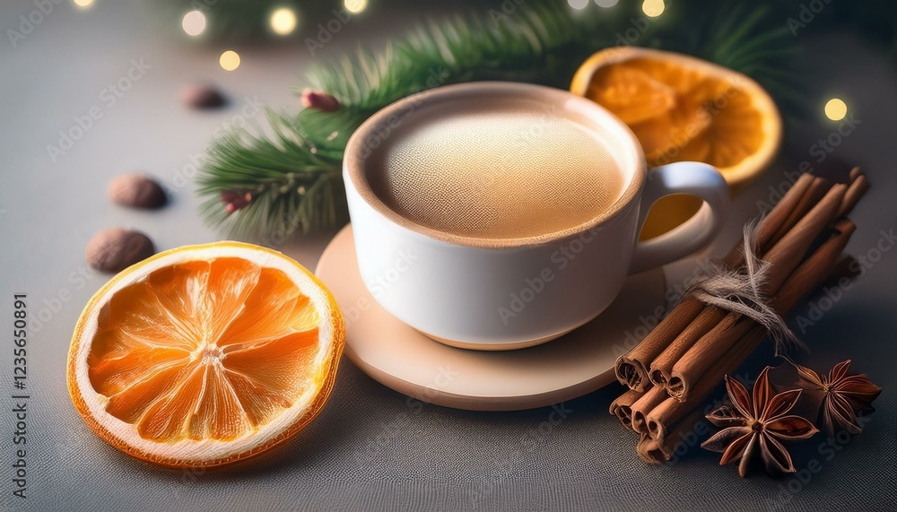 A cup of coffee with cinnamon sticks and orange slices in front; winter drinks concept, christmas, new year, thanksgiving day A cup of coffee with cinnamon sticks and orange slices in front; winter drinks concept, christmas, new year, thanksgiving day