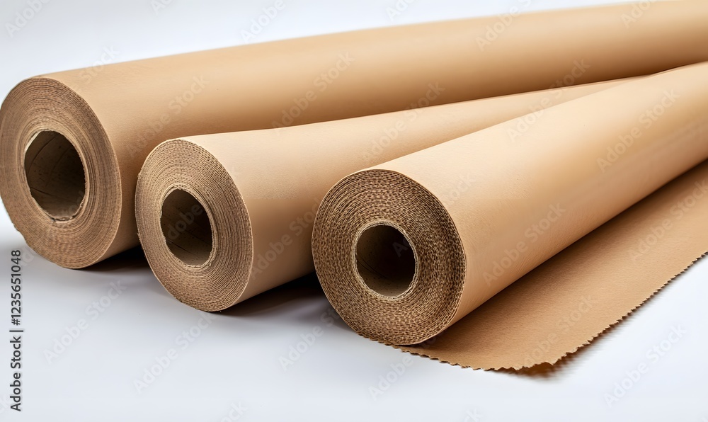 Three kraft paper rolls on white background; packaging, shipping, industrial material Three kraft paper rolls on white background; packaging, shipping, industrial material