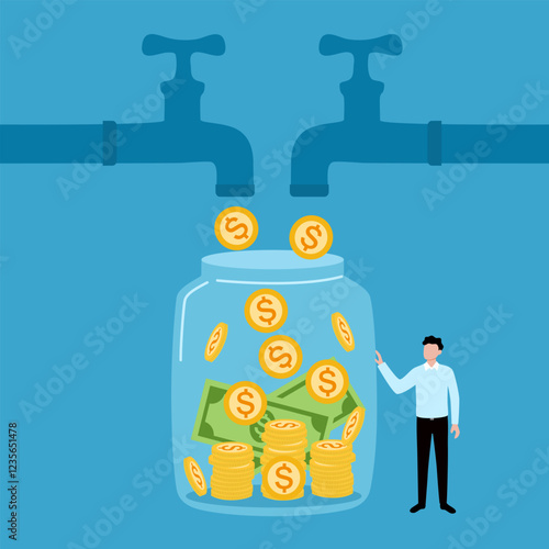 Money from tap passive income concept vector illustration.