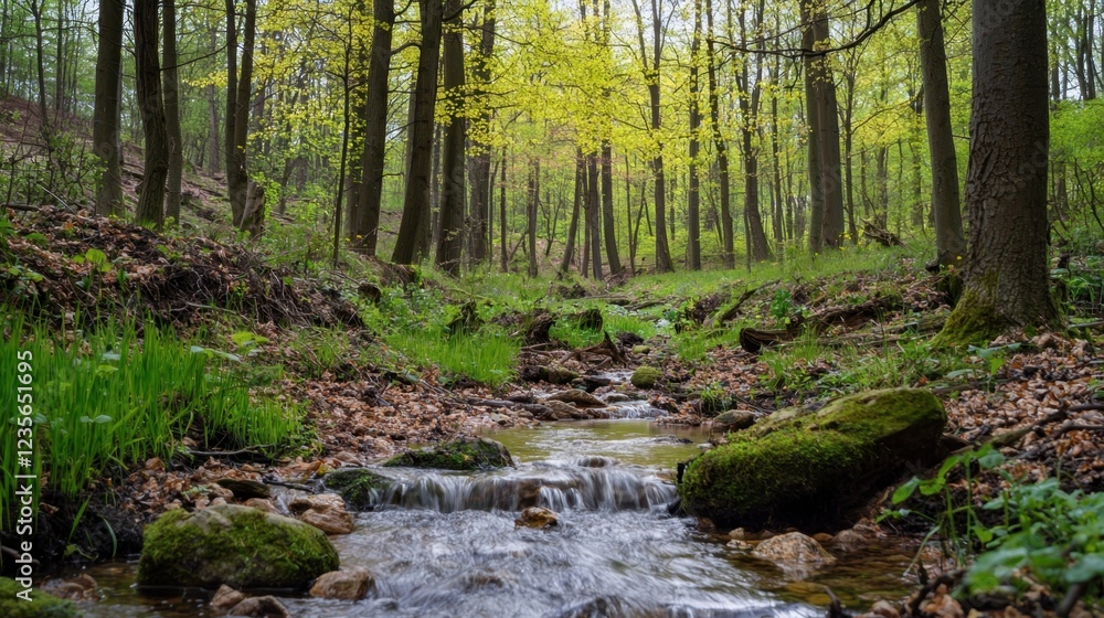 Obraz premium Tranquil Forest Stream Flowing Through Green Landscape in Spring