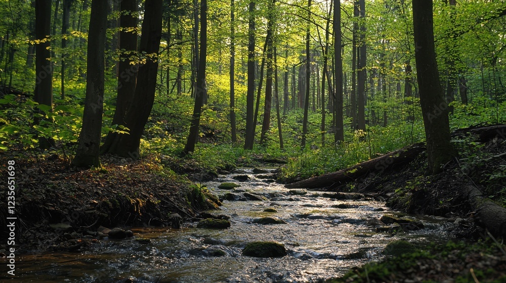 Obraz premium Tranquil Forest Stream Flowing Through Lush Greenery and Trees