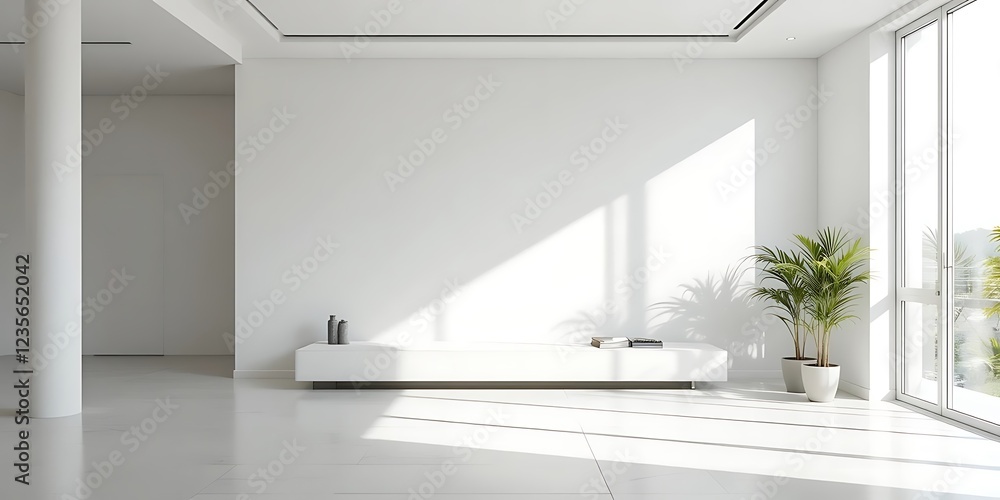 Fototapeta premium Minimalist White Interior Design Featuring Modern Bench