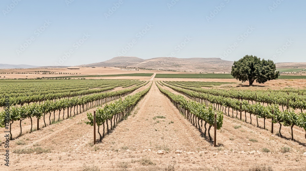 Naklejka premium Vineyard rows leading to a lone tree under a clear sky.