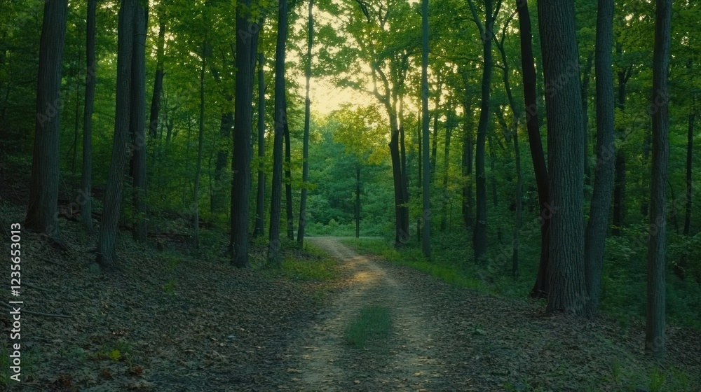 Fototapeta premium Sunlit path through lush green forest.