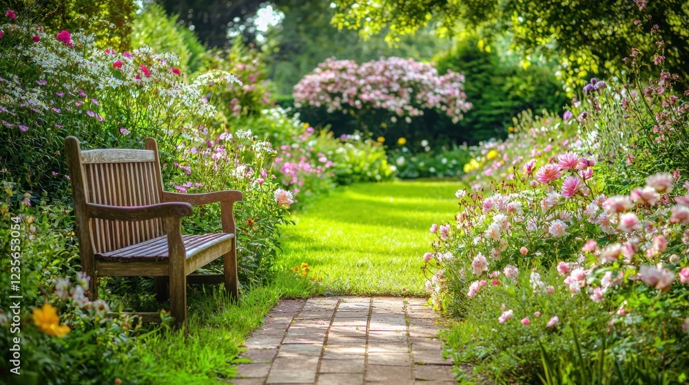 Tranquil Garden Pathway with Wooden Bench Surrounded by Flowers Tranquil Garden Pathway with Wooden Bench Surrounded by Flowers