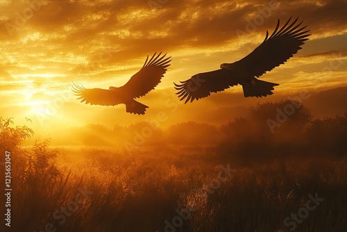 Two eagles soar in golden sunrise over a misty field.