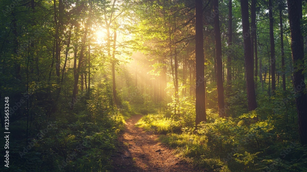 Obraz premium Serene Forest Pathway with Sunlight Filtering Through Green Trees
