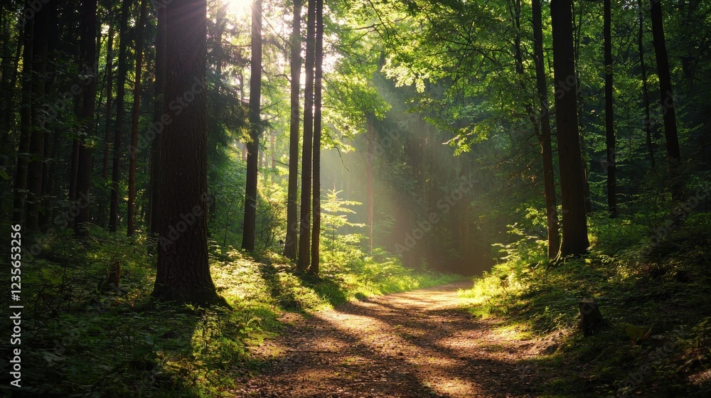Fototapeta premium Serene Forest Pathway with Sunlight Filtering Through Trees