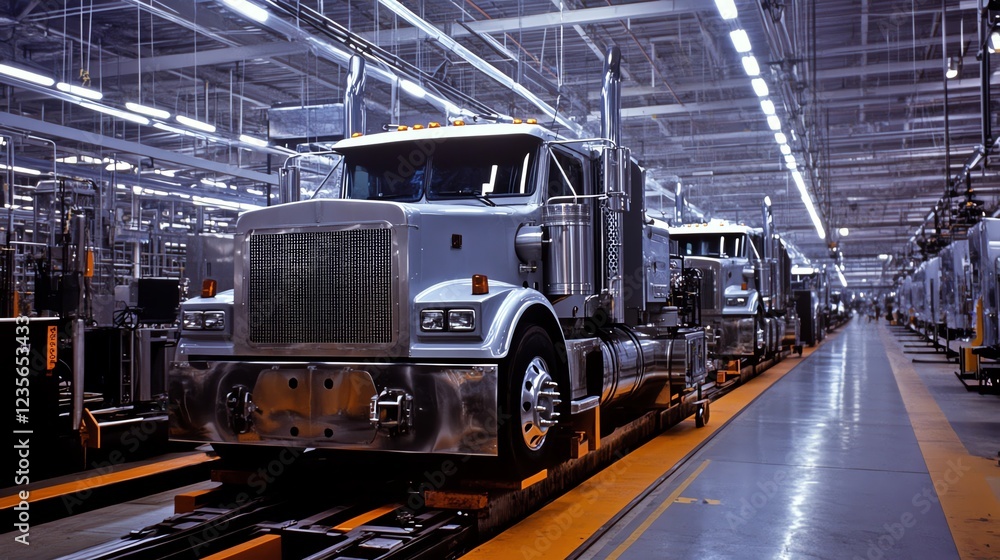 Trucks assembled on a production line in a modern manufacturing facility. Trucks assembled on a production line in a modern manufacturing facility.