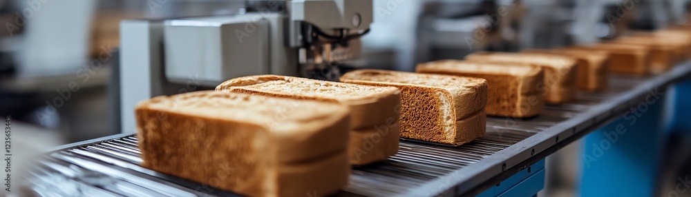 Bread loaves on conveyor belt in a modern bakery, showcasing production process. Bread loaves on conveyor belt in a modern bakery, showcasing production process.