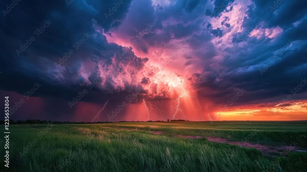 Dramatic Storm Clouds with Lightning Over Open Green Fields at Sunset