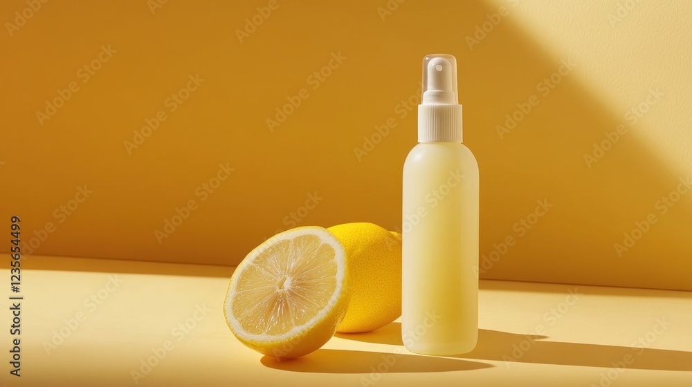 Lemon-scented spray bottle on yellow background Lemon-scented spray bottle on yellow background