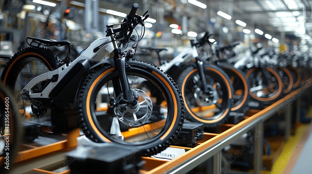 Electric bicycles on an assembly line in a modern manufacturing facility. Electric bicycles on an assembly line in a modern manufacturing facility.