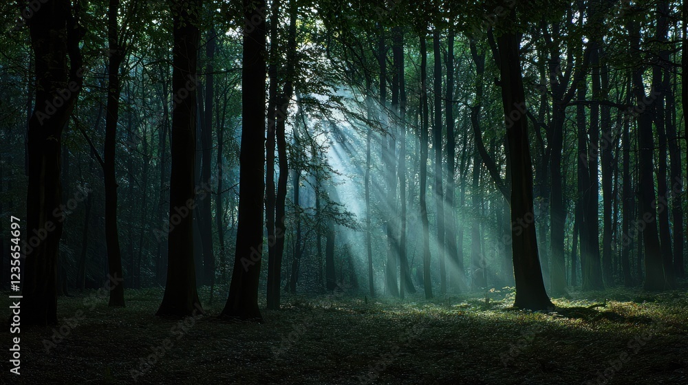 Obraz premium Sunbeams in a Dark Forest