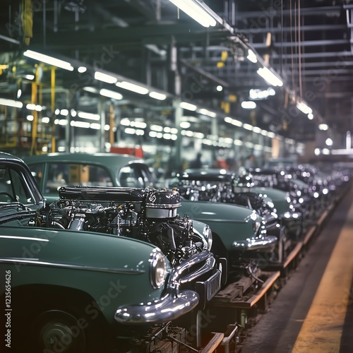 Vintage cars on an assembly line in a retro automotive factory setting. photo