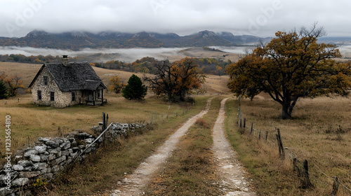 Autumnal Valley Farmhouse, Misty Hills, Dirt Road