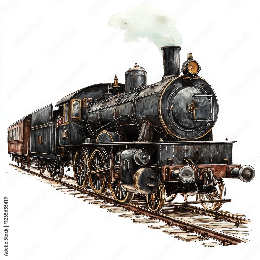 Naklejka premium Vintage steam locomotive with smoke and carriage, detailed steam engine on tracks in classic style, nostalgic railway scene