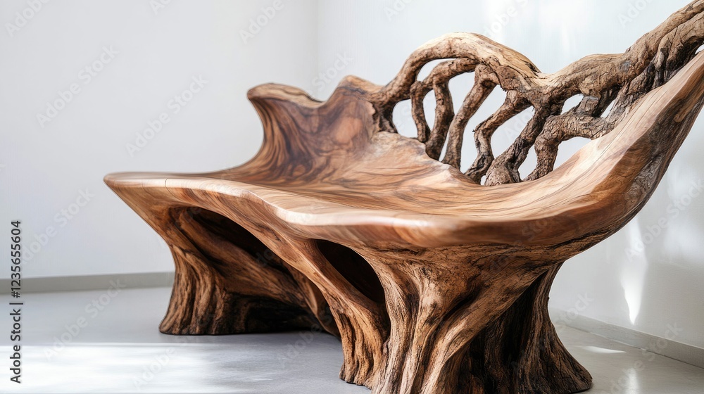 Obraz premium A close-up of a nature-inspired wooden bench, captured in intricate detail, with a minimalistic white background highlighting its craftsmanship