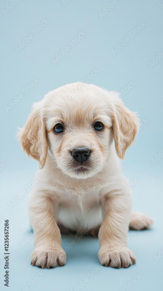 Adorable light golden retriever puppy sitting on blue background Adorable light golden retriever puppy sitting on blue background