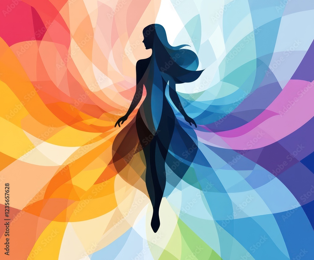 A dynamic silhouette of a woman emerges against a vibrant backdrop of swirling colors, symbolizing strength, beauty, and femininity on International Women's Day A dynamic silhouette of a woman emerges against a vibrant backdrop of swirling colors, symbolizing strength, beauty, and femininity on International Women's Day