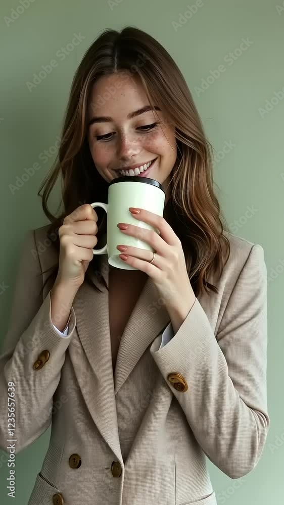Woman in beige suit smiling while holding a mug Woman in beige suit smiling while holding a mug