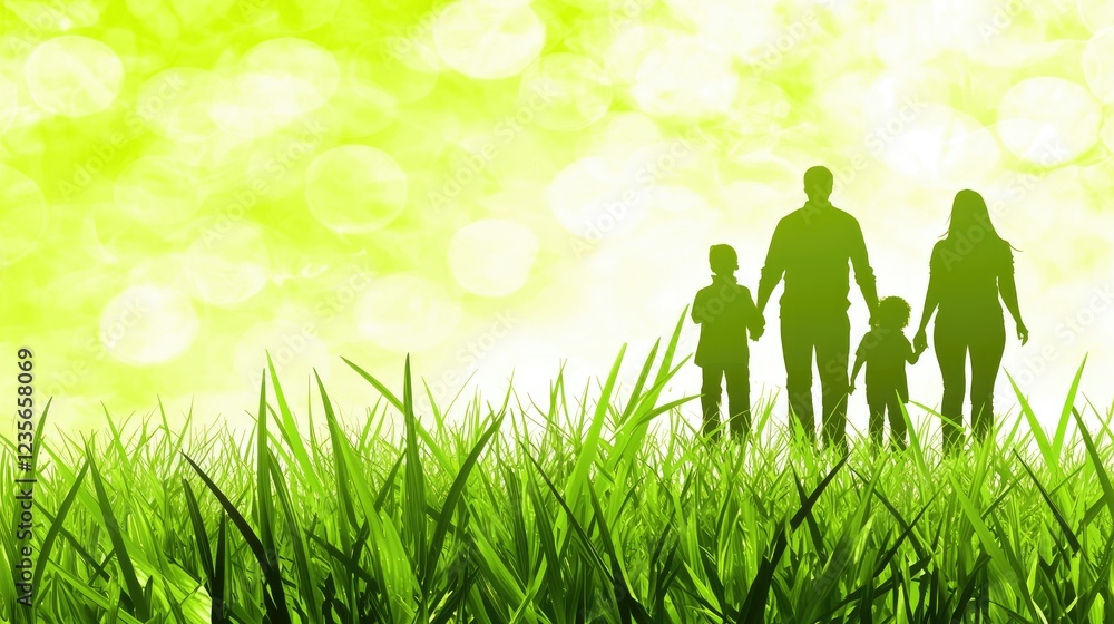 Family walking in grassy field, sunny day, bright background, ideal for family, nature, happiness themes Family walking in grassy field, sunny day, bright background, ideal for family, nature, happiness themes