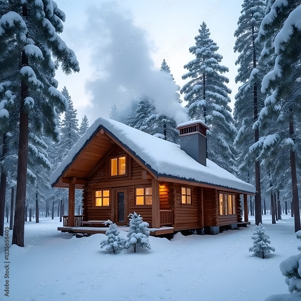 A cozy winter cabin with smoke rising from the chimney, surrounded by snow-covered pine trees. A cozy winter cabin with smoke rising from the chimney, surrounded by snow-covered pine trees.