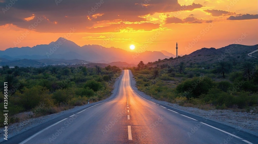 Fototapeta premium Sunset Highway: Golden Hour Road Through Majestic Mountains