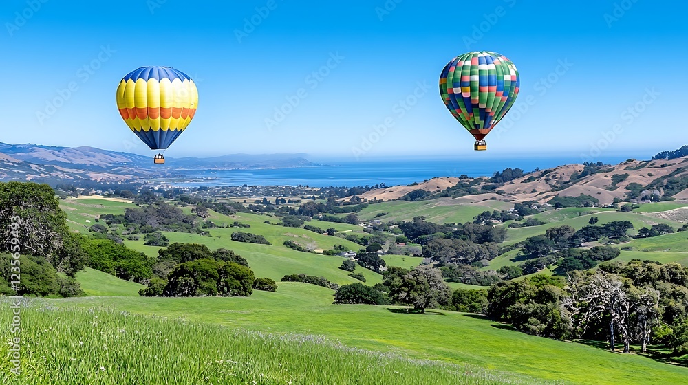 Naklejka premium Scenic Hot Air Balloon Ride Over Rolling Green Hills and Ocean View