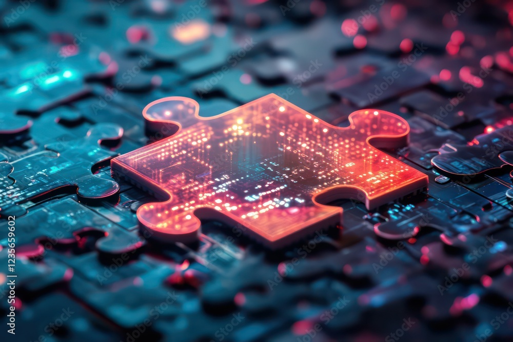 A futuristic jigsaw puzzle concept with holographic elements representing business strategies and solutions. A futuristic jigsaw puzzle concept with holographic elements representing business strategies and solutions.